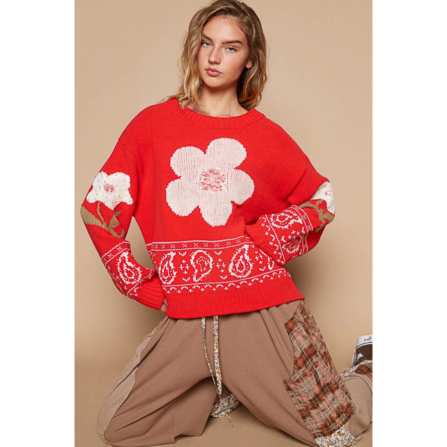 POL Flower Lace Patch Long Sleeve Sweater Red / S Apparel and Accessories