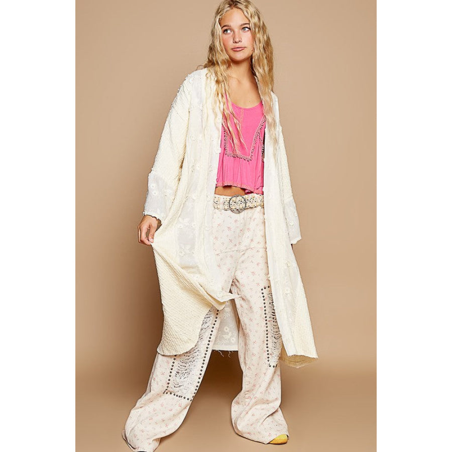 POL Flower Lace Trim Open Front Longline Cardigan Apparel and Accessories