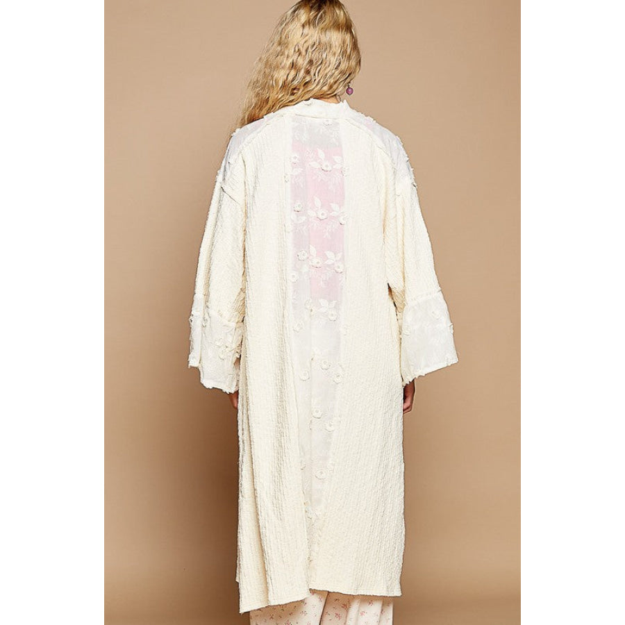 POL Flower Lace Trim Open Front Longline Cardigan Apparel and Accessories