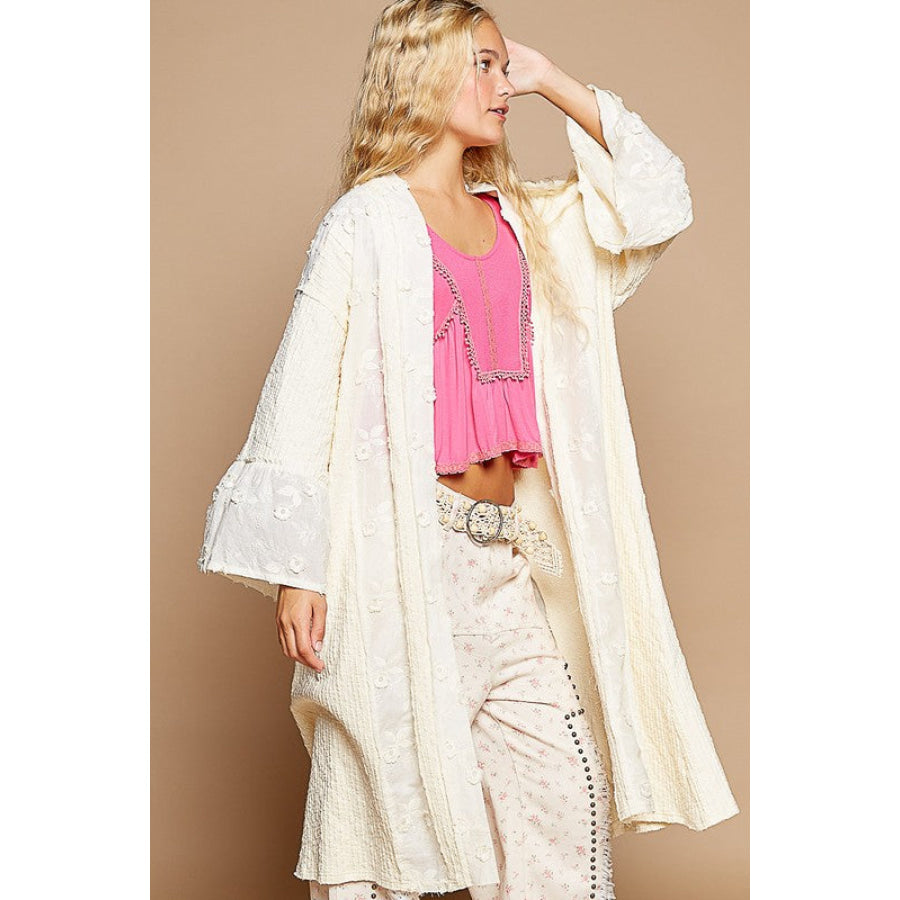 POL Flower Lace Trim Open Front Longline Cardigan Apparel and Accessories