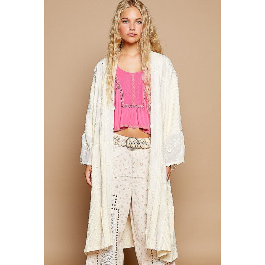 POL Flower Lace Trim Open Front Longline Cardigan Cream / S/M Apparel and Accessories