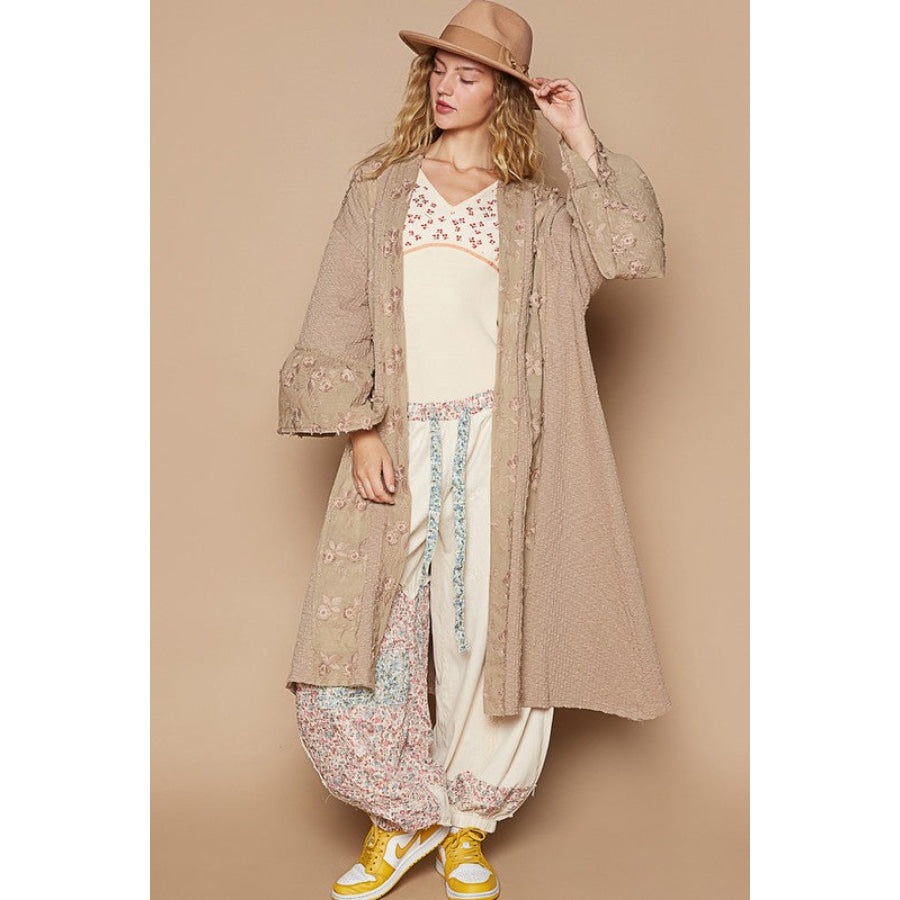 POL Flower Lace Trim Open Front Longline Cardigan Khaki / S/M Apparel and Accessories