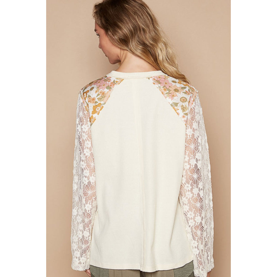 POL Flower Patch Lace Sleeve Knit Top Cream / S Apparel and Accessories