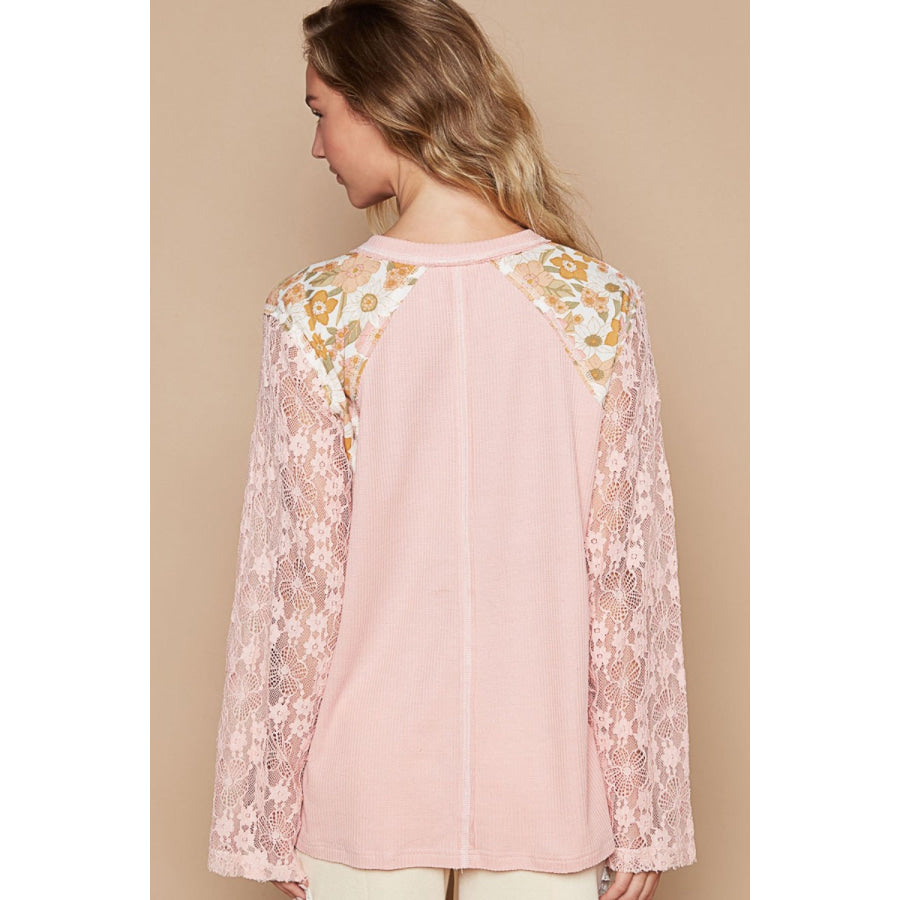 POL Flower Patch Lace Sleeve Knit Top Dusty Pink / S Apparel and Accessories