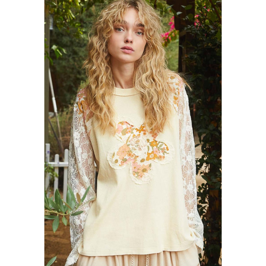 POL Flower Patch Lace Sleeve Knit Top Apparel and Accessories