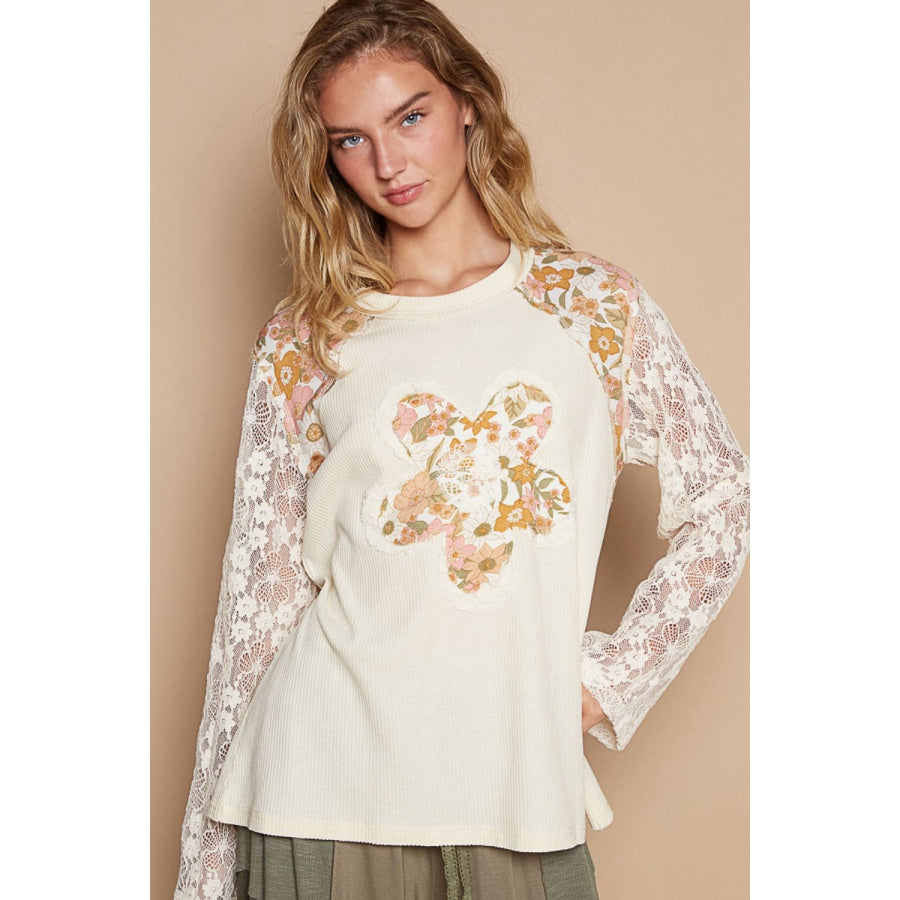 POL Flower Patch Lace Sleeve Knit Top Cream / S Apparel and Accessories