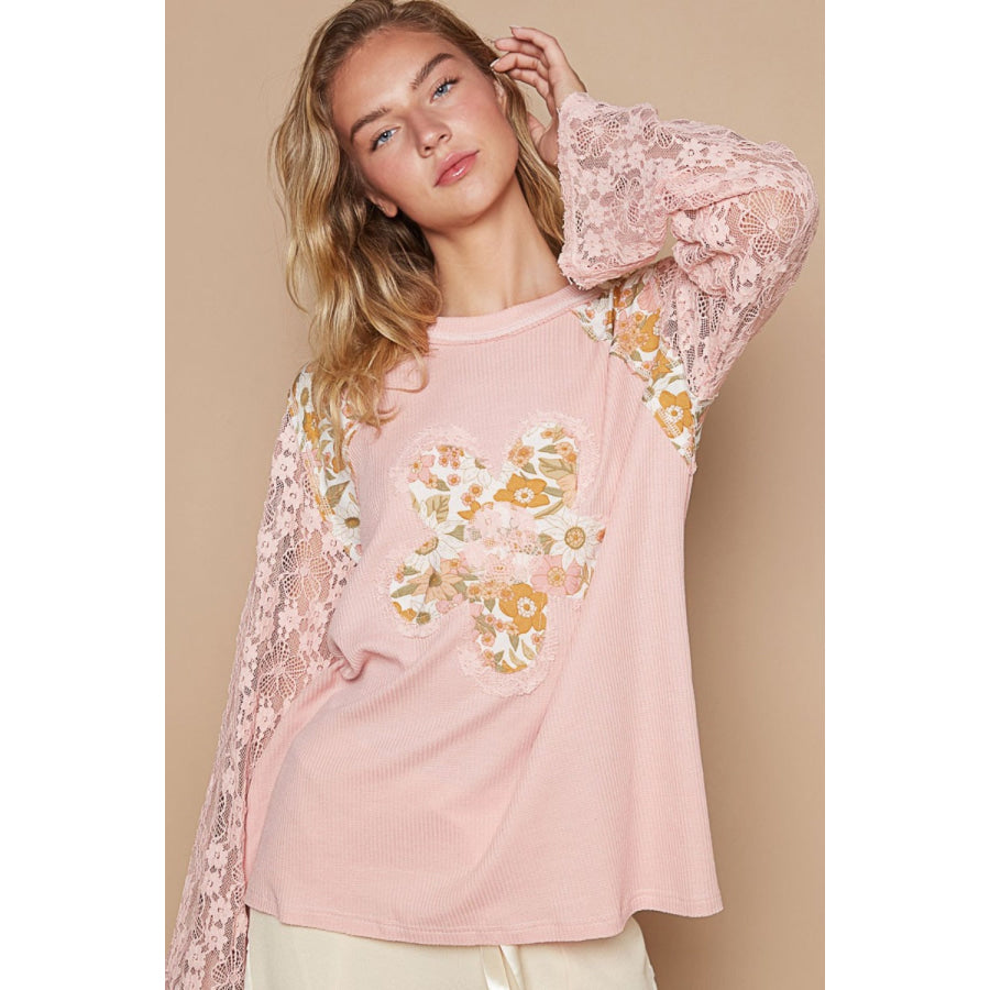 POL Flower Patch Lace Sleeve Knit Top Dusty Pink / S Apparel and Accessories