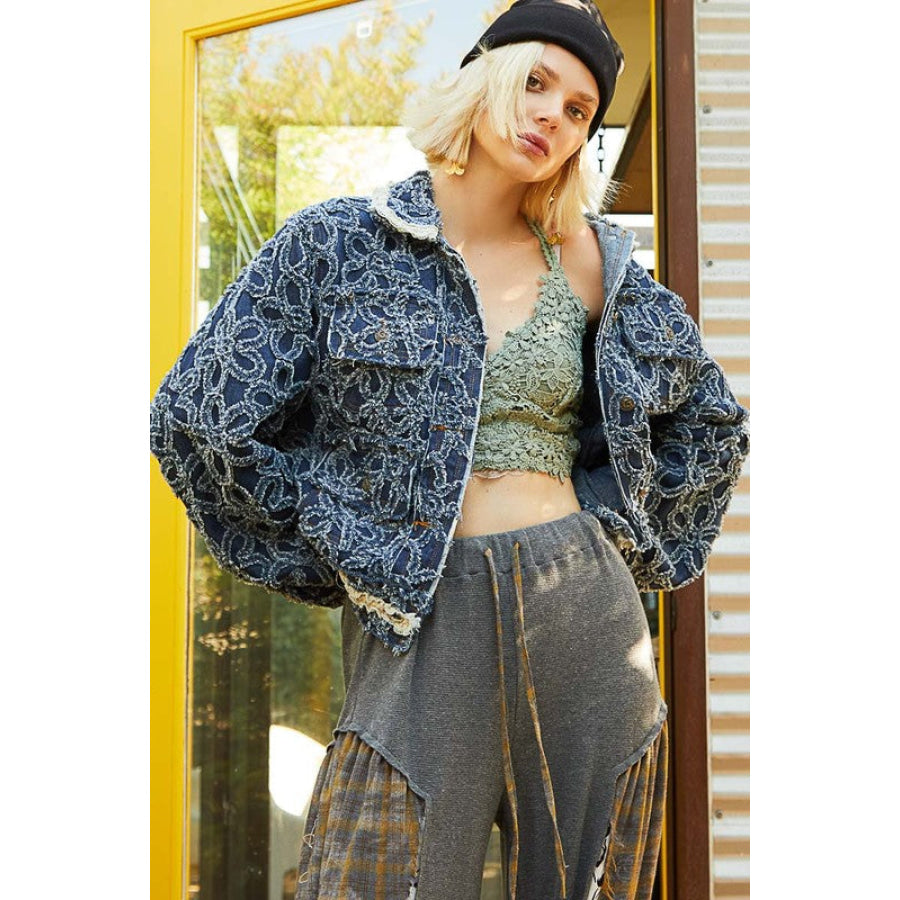 POL Flower Textured Raw Hem Long Sleeve Denim Jacket Dark / S Apparel and Accessories