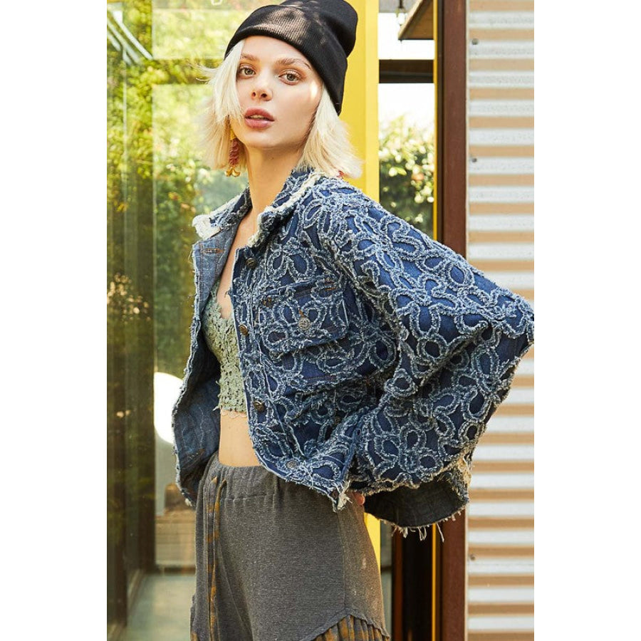 POL Flower Textured Raw Hem Long Sleeve Denim Jacket Apparel and Accessories