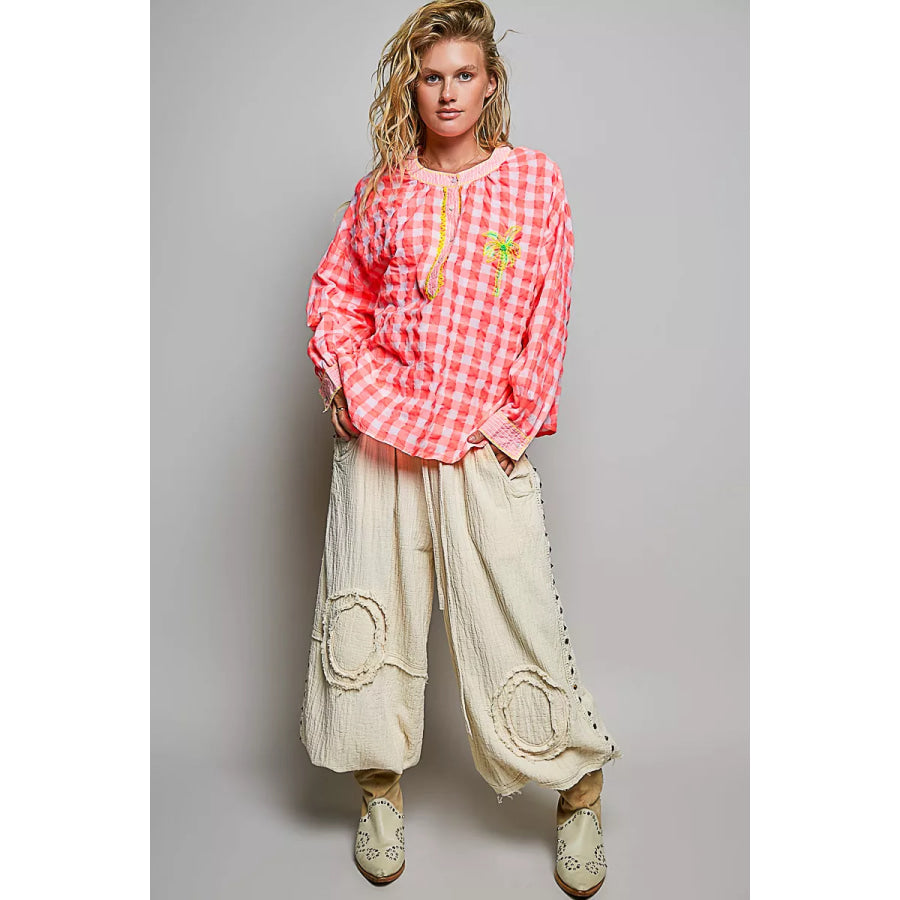 POL Gingham Embroidered Palm Tree Blouse Apparel and Accessories
