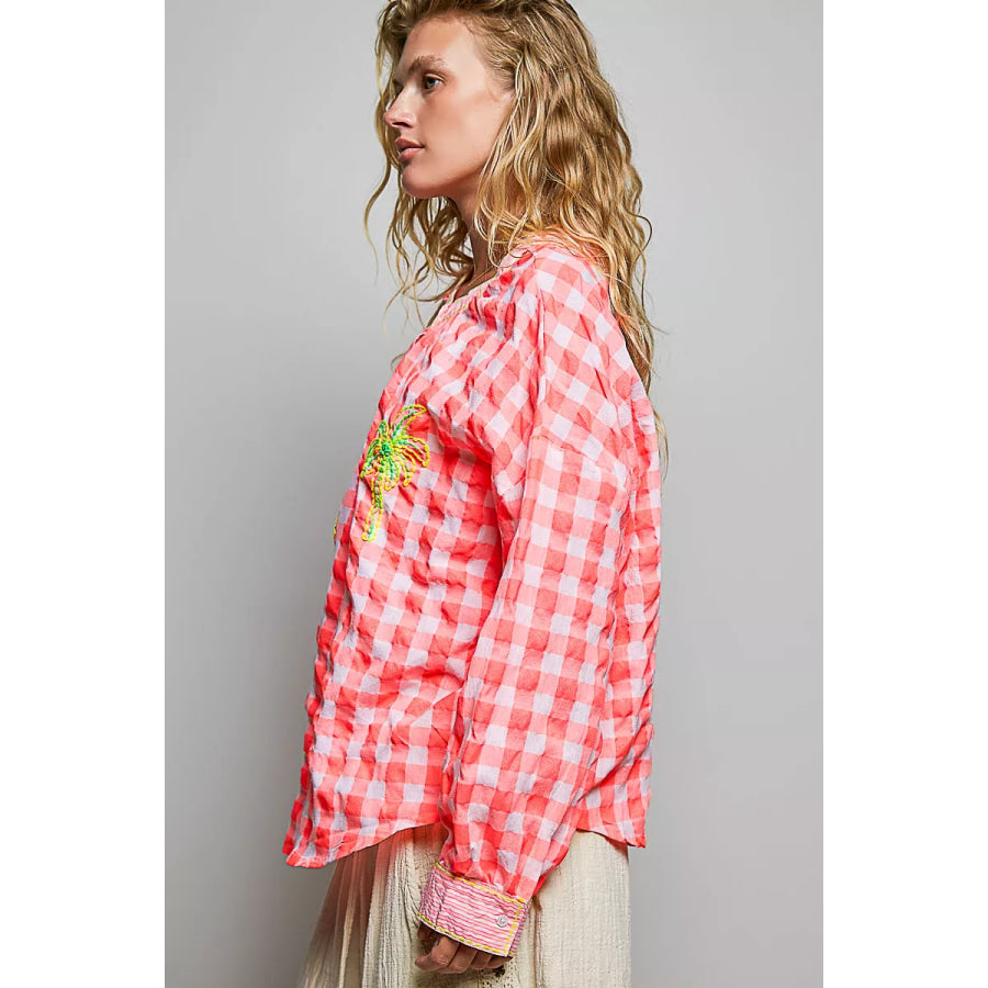 POL Gingham Embroidered Palm Tree Blouse Apparel and Accessories