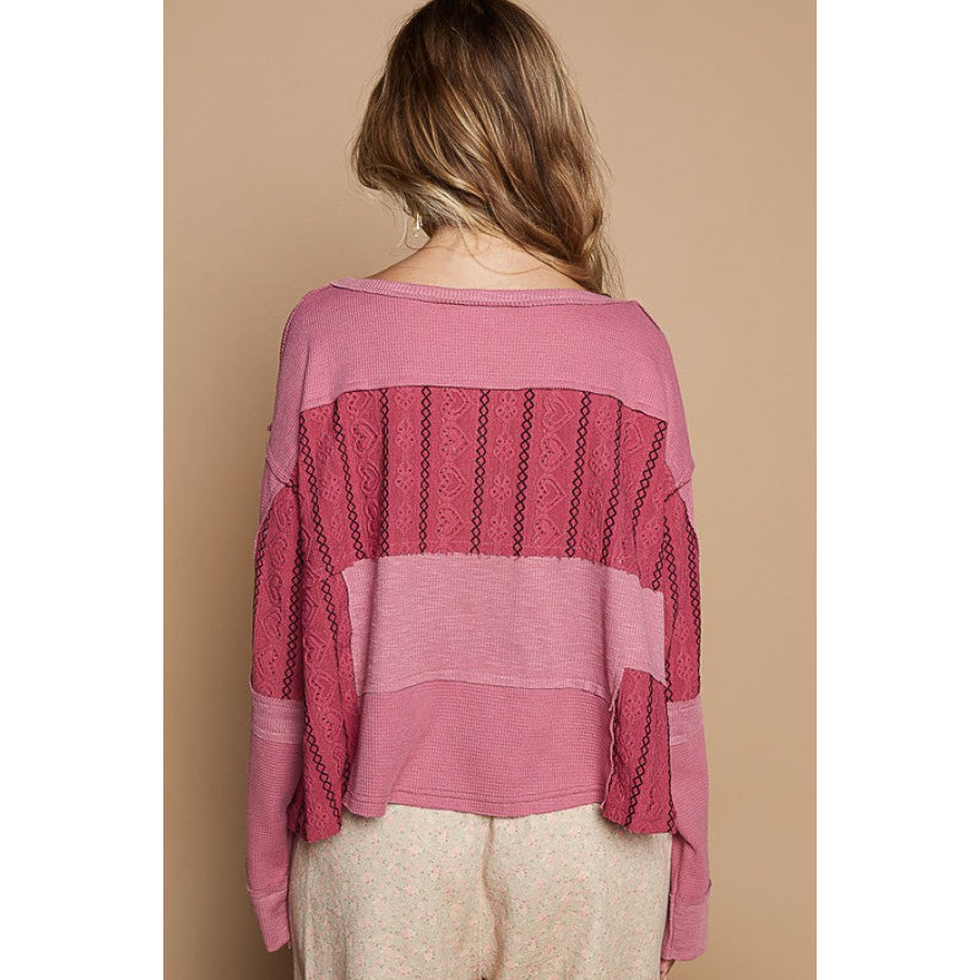 POL Half Button Color Block Drop Shoulder Knit Top Cerise / S Apparel and Accessories