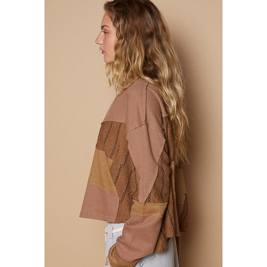 POL Half Button Color Block Drop Shoulder Knit Top Apparel and Accessories