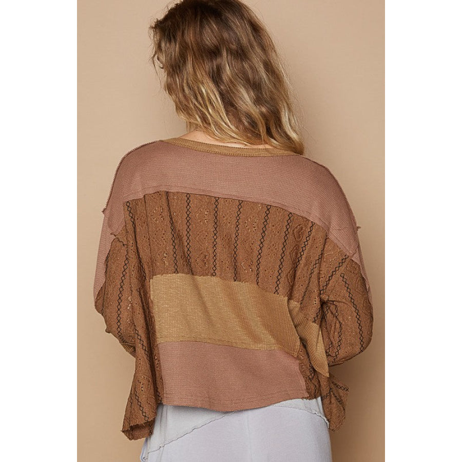 POL Half Button Color Block Drop Shoulder Knit Top Dark Brown / S Apparel and Accessories