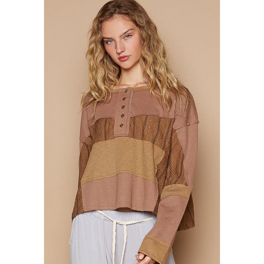 POL Half Button Color Block Drop Shoulder Knit Top Apparel and Accessories