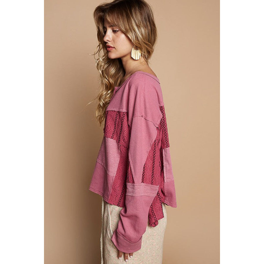 POL Half Button Color Block Drop Shoulder Knit Top Apparel and Accessories