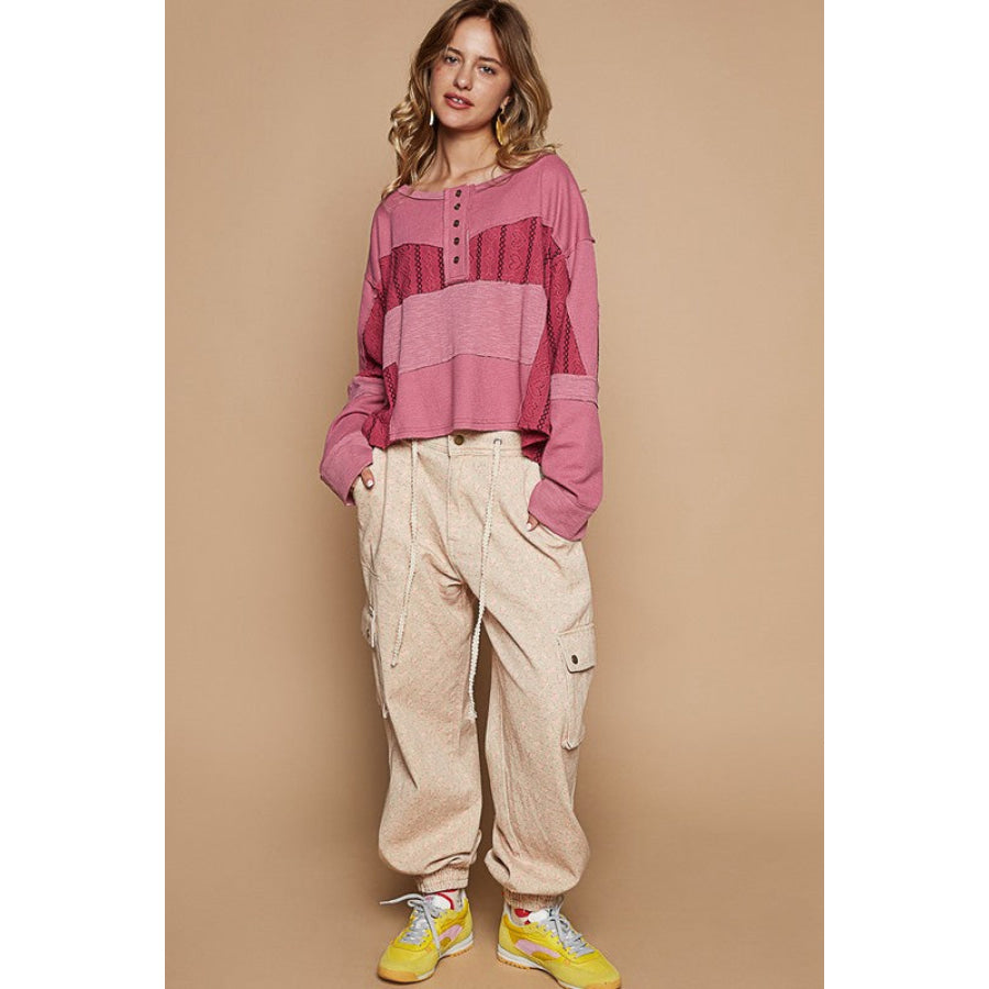 POL Half Button Color Block Drop Shoulder Knit Top Apparel and Accessories