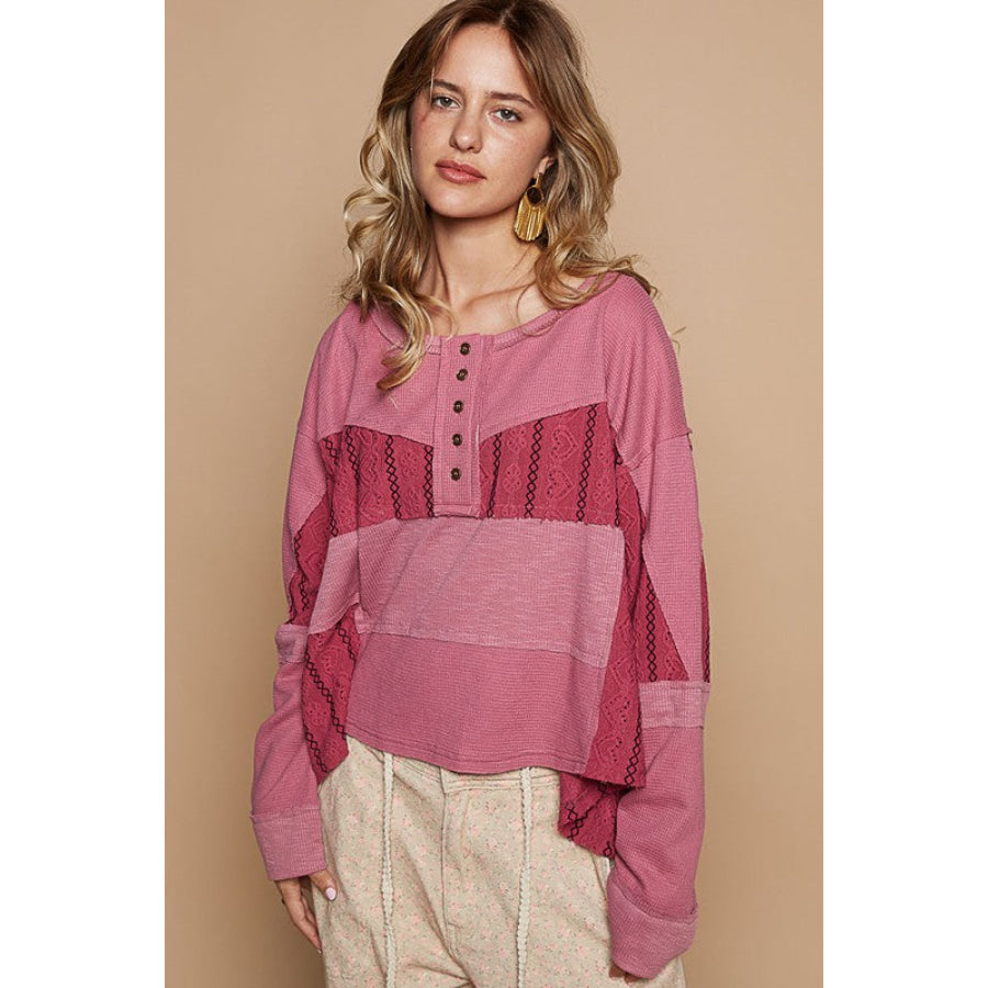 POL Half Button Color Block Drop Shoulder Knit Top Apparel and Accessories