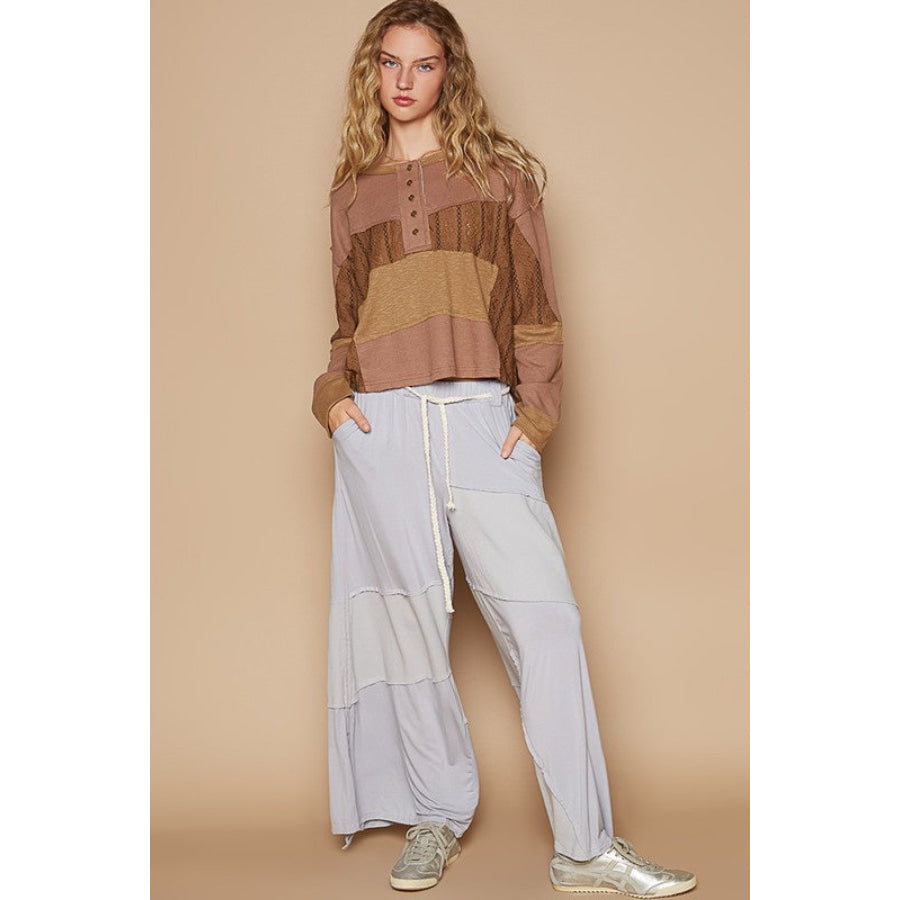 POL Half Button Color Block Drop Shoulder Knit Top Apparel and Accessories