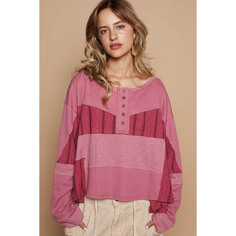 POL Half Button Color Block Drop Shoulder Knit Top Cerise / S Apparel and Accessories