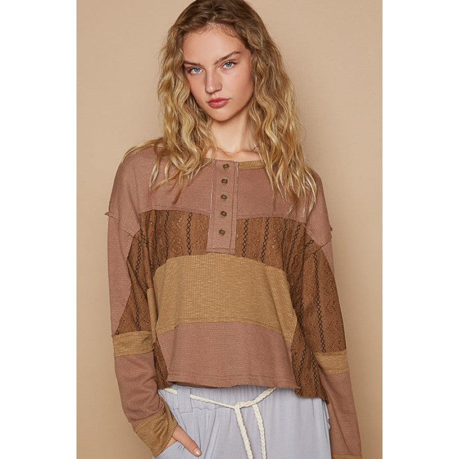 POL Half Button Color Block Drop Shoulder Knit Top Dark Brown / S Apparel and Accessories