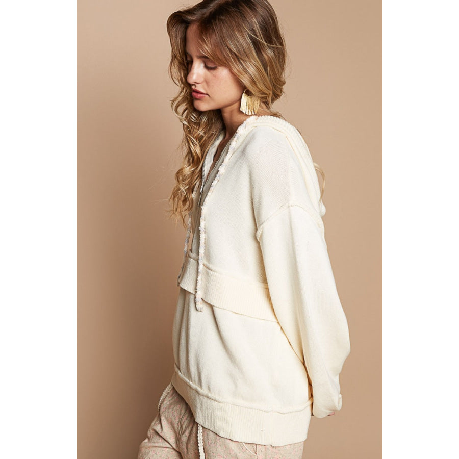 POL Half Zip Drop Shoulder Hooded Sweater Provence Cream / S Apparel and Accessories