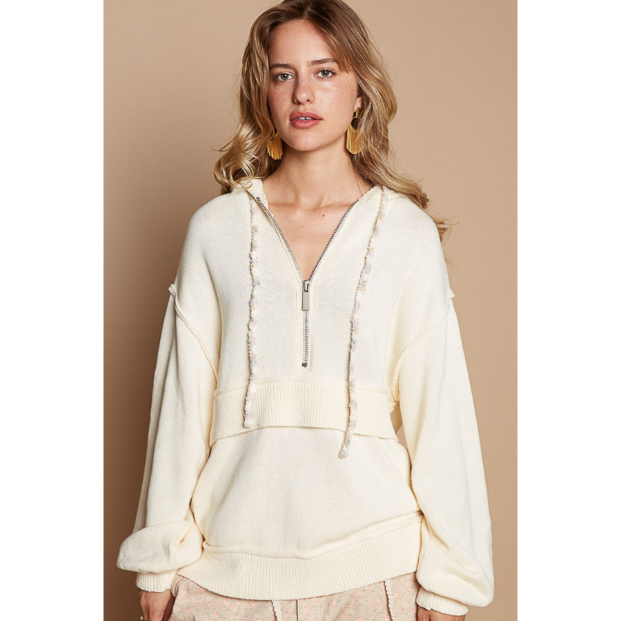 POL Half Zip Drop Shoulder Hooded Sweater Provence Cream / S Apparel and Accessories