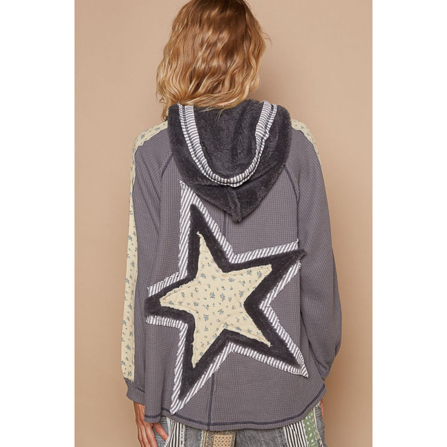 POL Half Zip Up Fleece Mix Back Star Patch Hoodie Apparel and Accessories