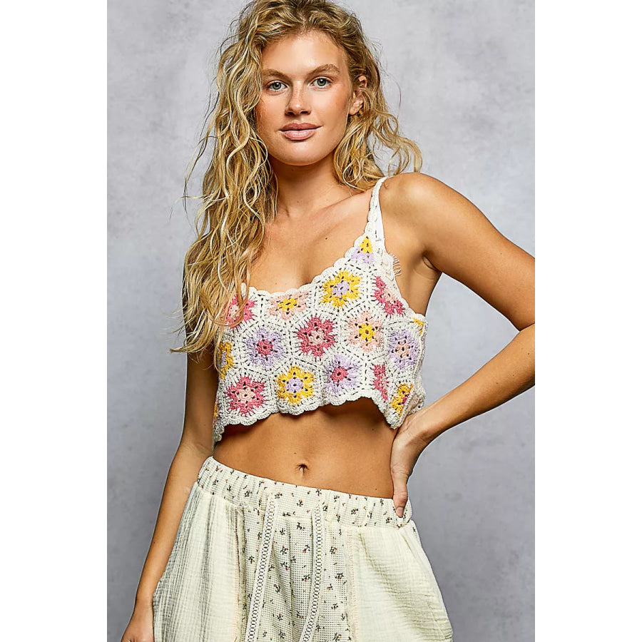 POL Handmade Granny Pattern Crochet Cami with Scalloped Strap PINK MULTI / One Size Apparel and Accessories