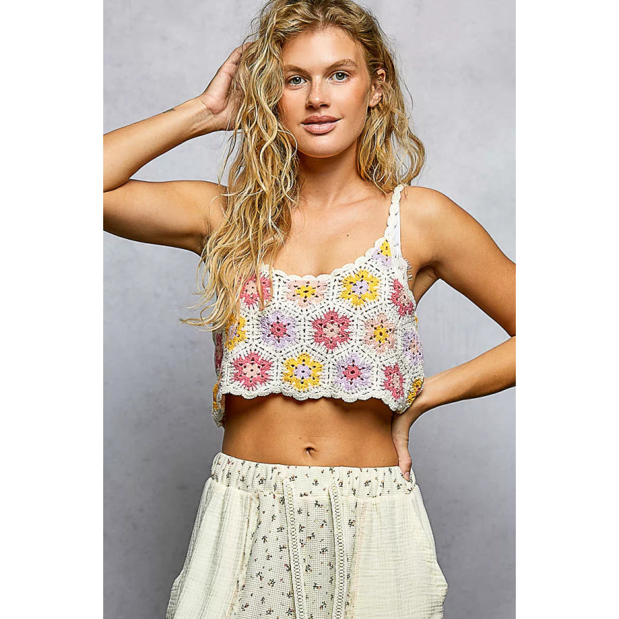 POL Handmade Granny Pattern Crochet Cami with Scalloped Strap PINK MULTI / One Size Apparel and Accessories