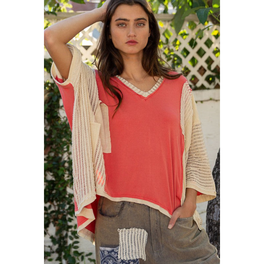 POL High-Low Contrast V-Neck Top Apparel and Accessories