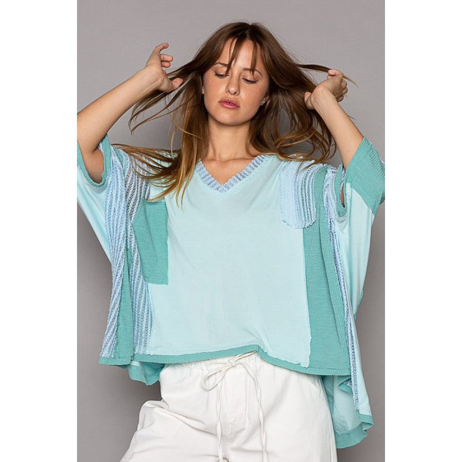 POL High-Low Contrast V-Neck Top Mint Blue / S Apparel and Accessories