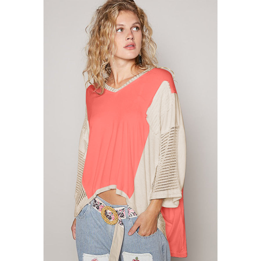 POL High-Low Contrast V-Neck Top Apparel and Accessories