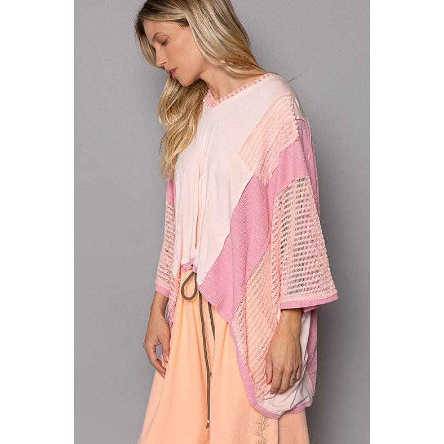 POL High-Low Contrast V-Neck Top Blush Pink / S Apparel and Accessories