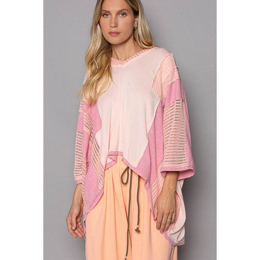 POL High-Low Contrast V-Neck Top Blush Pink / S Apparel and Accessories