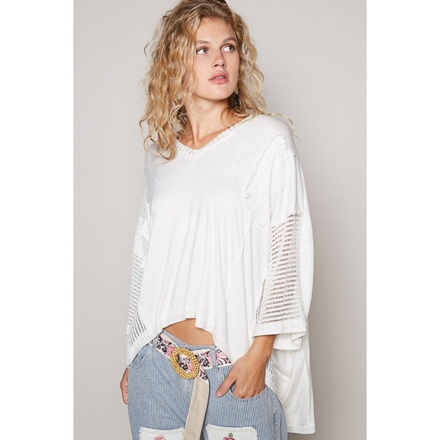 POL High-Low Contrast V-Neck Top Ivory / S Apparel and Accessories