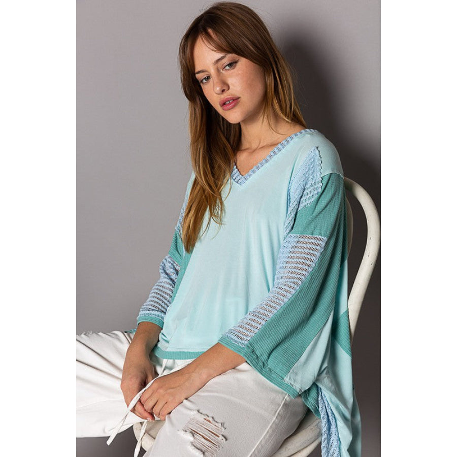 POL High-Low Contrast V-Neck Top Mint Blue / S Apparel and Accessories