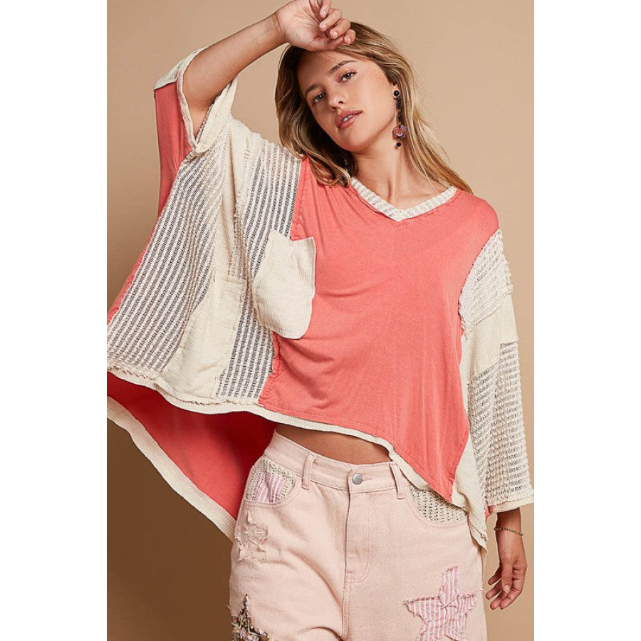 POL High-Low Contrast V-Neck Top Peach Echo / S Apparel and Accessories