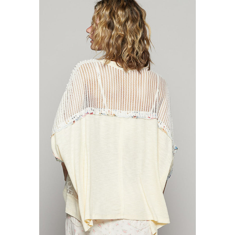 POL Hollow Out Floral Half Sleeve Knit Top Cream / S Apparel and Accessories