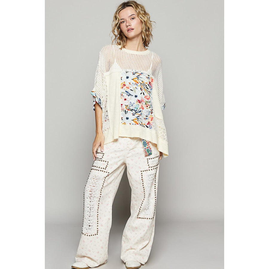 POL Hollow Out Floral Half Sleeve Knit Top Apparel and Accessories