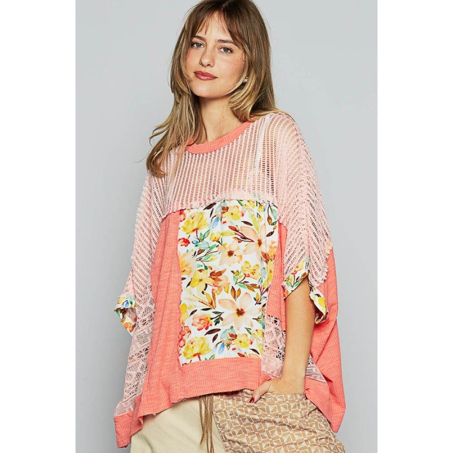 POL Hollow Out Floral Half Sleeve Knit Top Apparel and Accessories