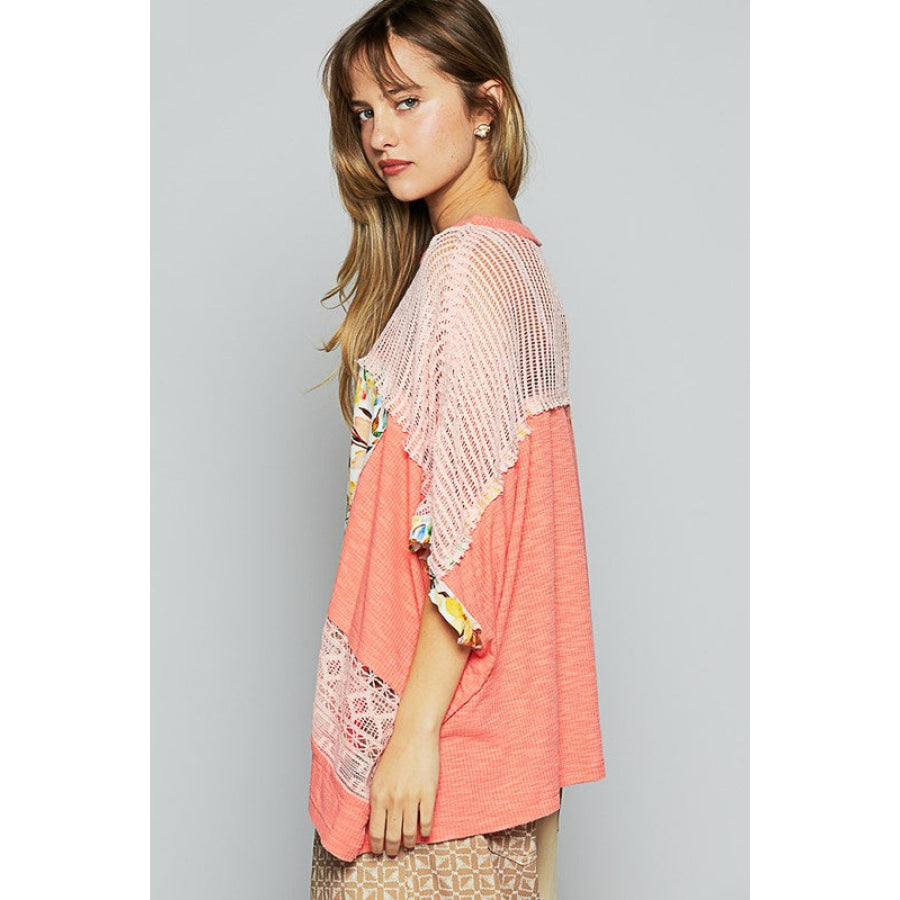 POL Hollow Out Floral Half Sleeve Knit Top Coral / S Apparel and Accessories