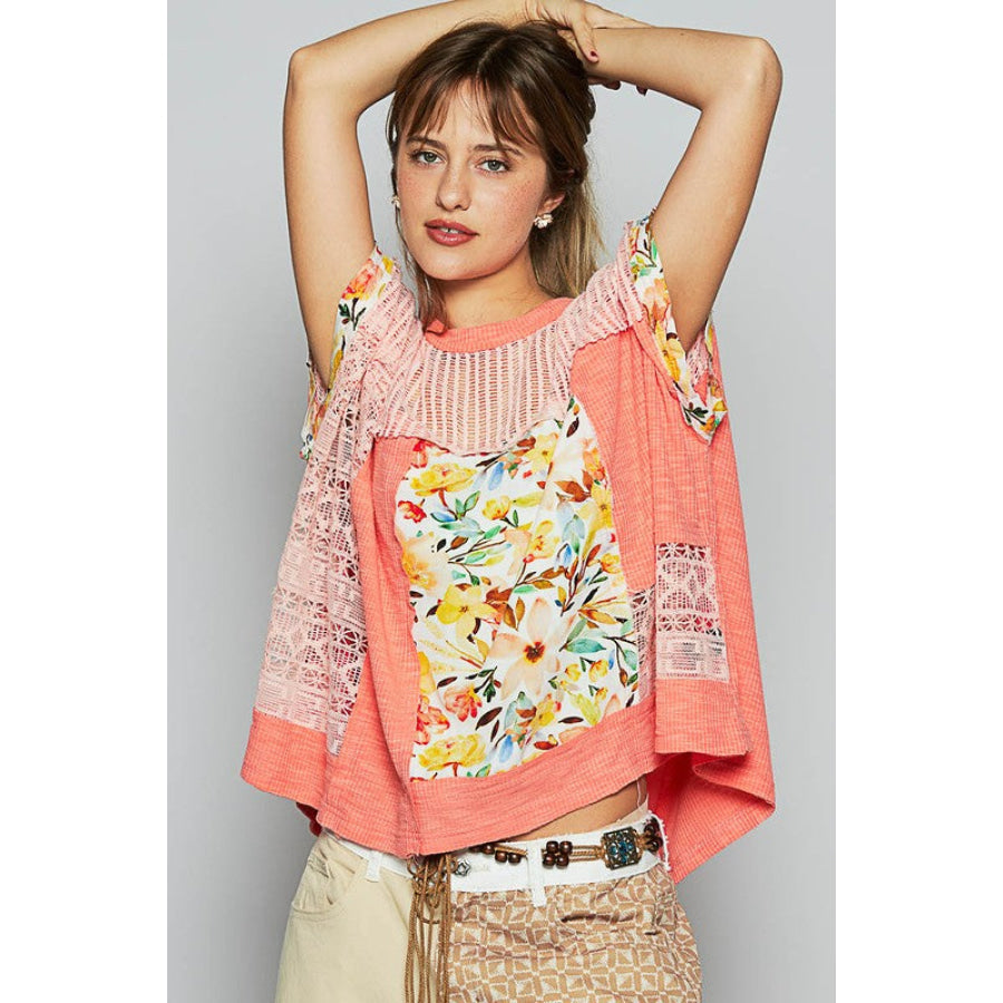 POL Hollow Out Floral Half Sleeve Knit Top Coral / S Apparel and Accessories