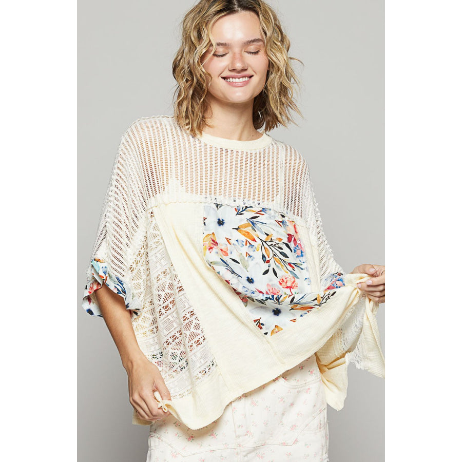 POL Hollow Out Floral Half Sleeve Knit Top Cream / S Apparel and Accessories