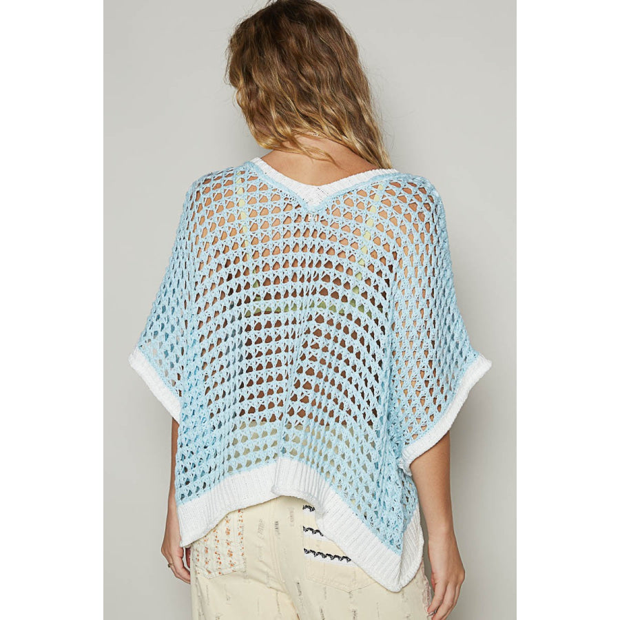 POL Hollow Out Flower Half Sleeve Knit Cover Up Pastel Blue / S Apparel and Accessories