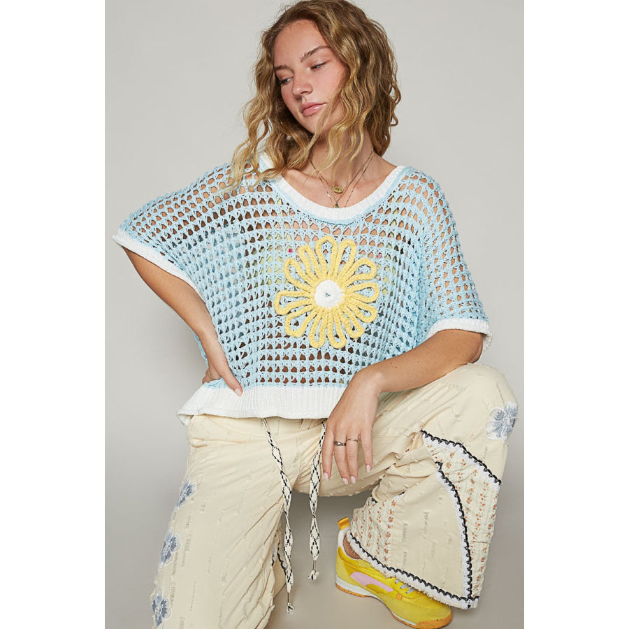 POL Hollow Out Flower Half Sleeve Knit Cover Up Pastel Blue / S Apparel and Accessories