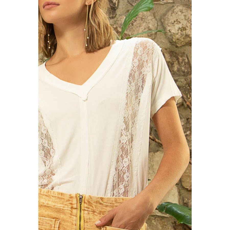 POL Inset Lace Outseam Detail Short Sleeve V-Neck T-Shirt Apparel and Accessories