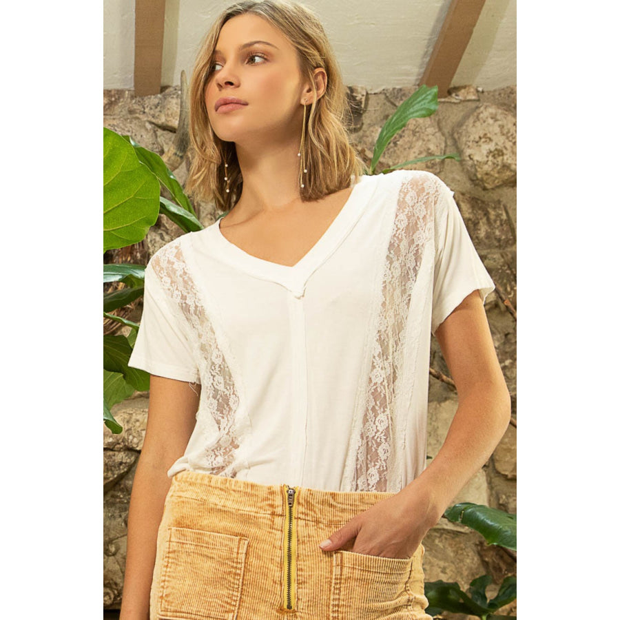 POL Inset Lace Outseam Detail Short Sleeve V-Neck T-Shirt Ivory / S Apparel and Accessories
