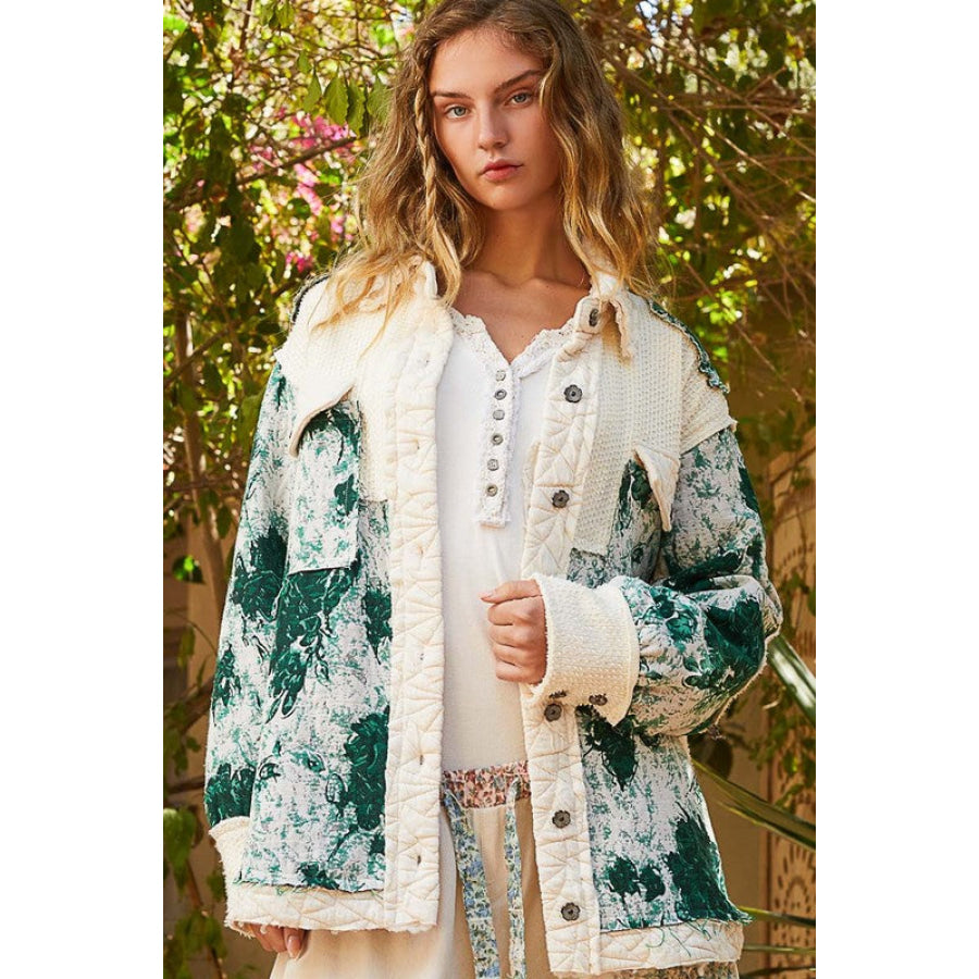 POL Jacquard Patch Collared Neck Quilted Jacket Cream/Green / S Apparel and Accessories