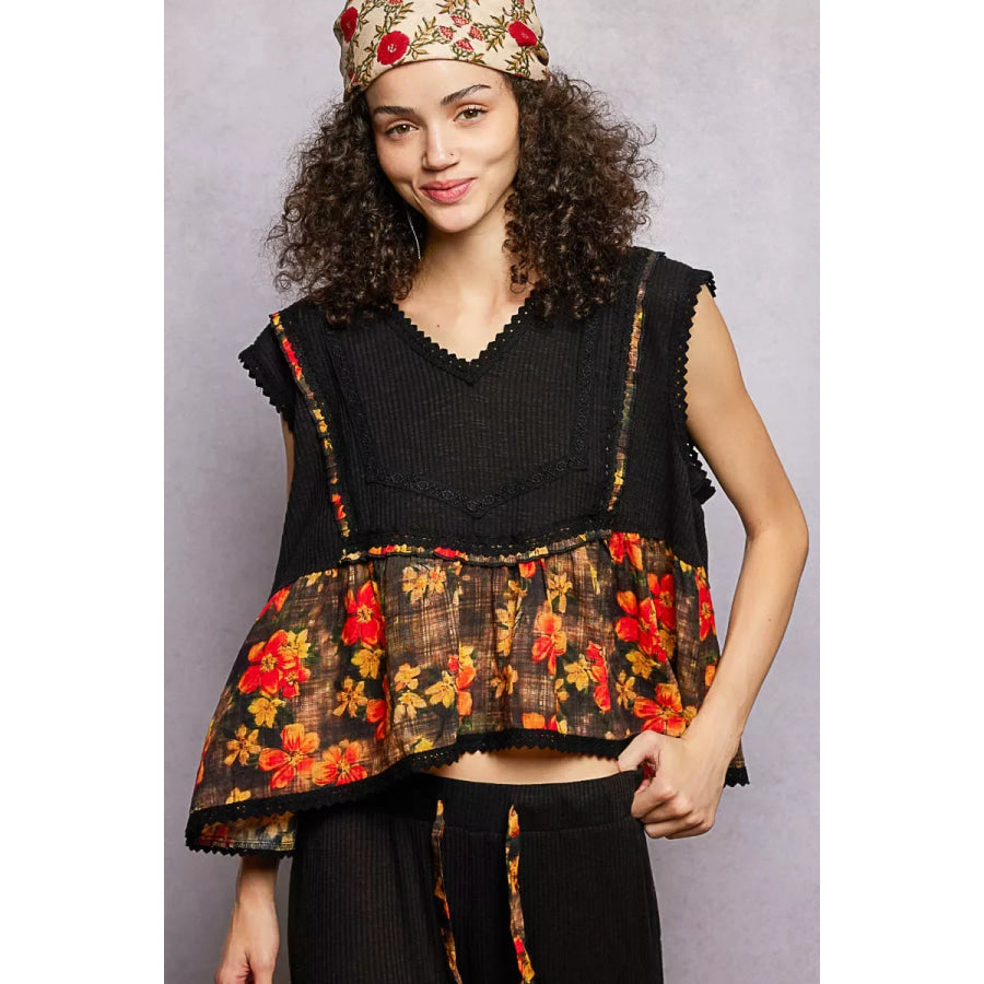 POL Lace Detail Floral Cropped Ruffled Top Black / S Apparel and Accessories
